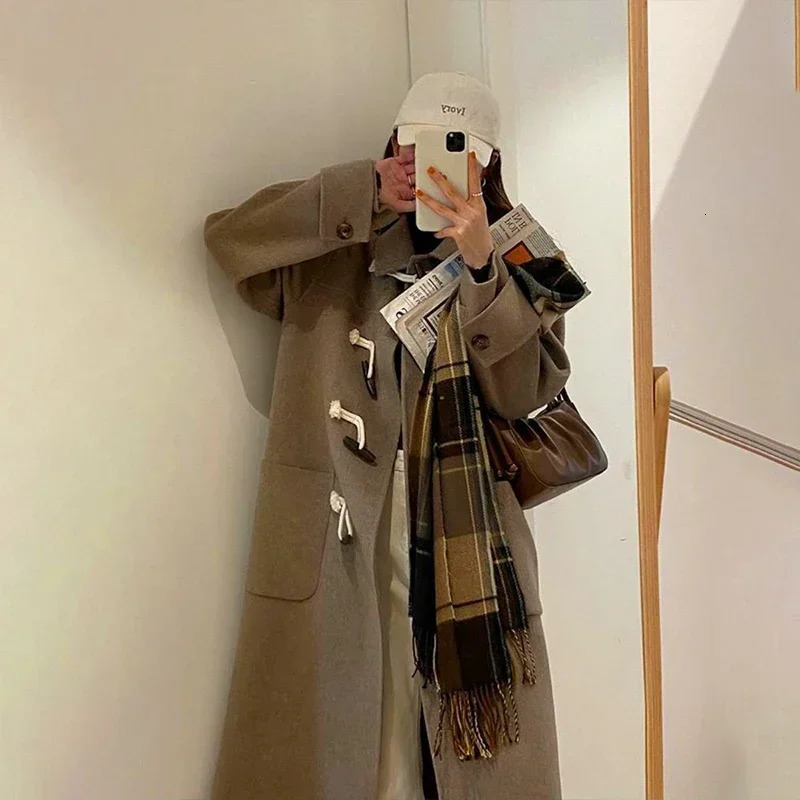 College Style Japanese Lovely Woolen Coat Medium Length Ox Horn Buckle Student Coat Camel Winter Coat Autumn Winter 241204