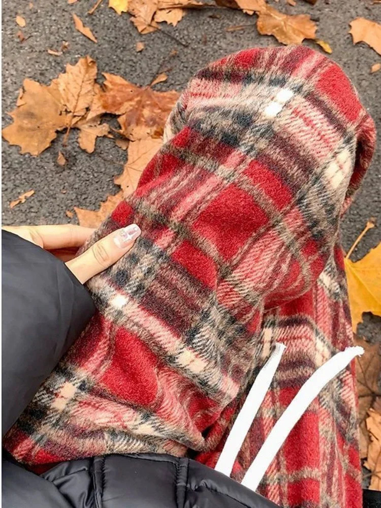 HOUZHOU Vintage Plaid Pants Women Wide Leg Harajuku Korean Style Red Checked Trousers Y2k Streetwear Classic Pants Warm Winter 241204