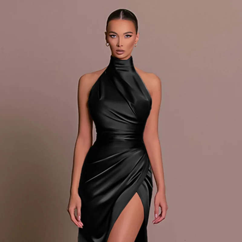 Ladies Satin Evening Party Dresses Women Sleeveless Backless Halter Side Slit Sexy Elegant Maxi Dress Fashion Female Outfits 241205