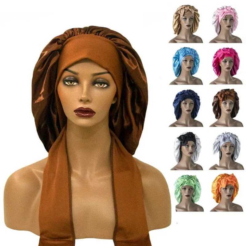 Soft Women Nightc Nuit Silk Sleeping Night C Bonnets Spandex Wide Stretchy Band Long Tail Bonnet Satin Sleeping CXJ241205