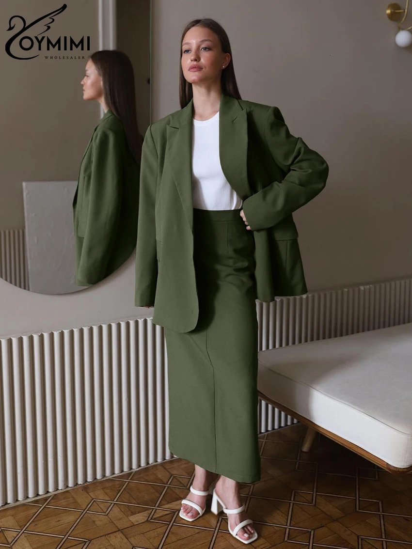 Oymimi Winter Loose Green Office Womens 2 Piece Outfit Set Fashion Long Sleeve Blazer With High Waist Long Skirts Set Female 241204