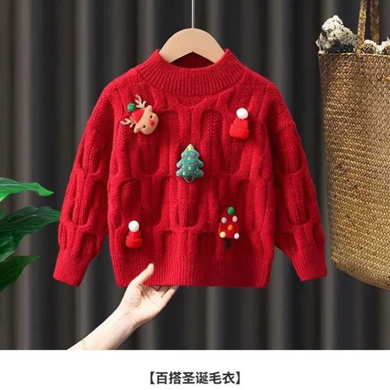 2024 Winter Christmas Knitted Sweater Childrens Fashion Cute Holiday Sweater Warm Edition Outdoor Clothing Suede Navide o W241205