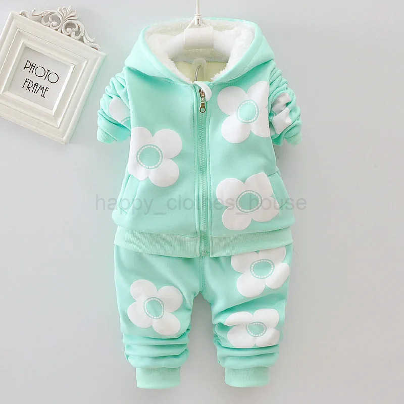 Baby Girls Flower Thickk Woolen Autumn Winter Hoodied Jacket Coat Pants Clothing Set Children Kids Warm Clothes SuitsXJ241205