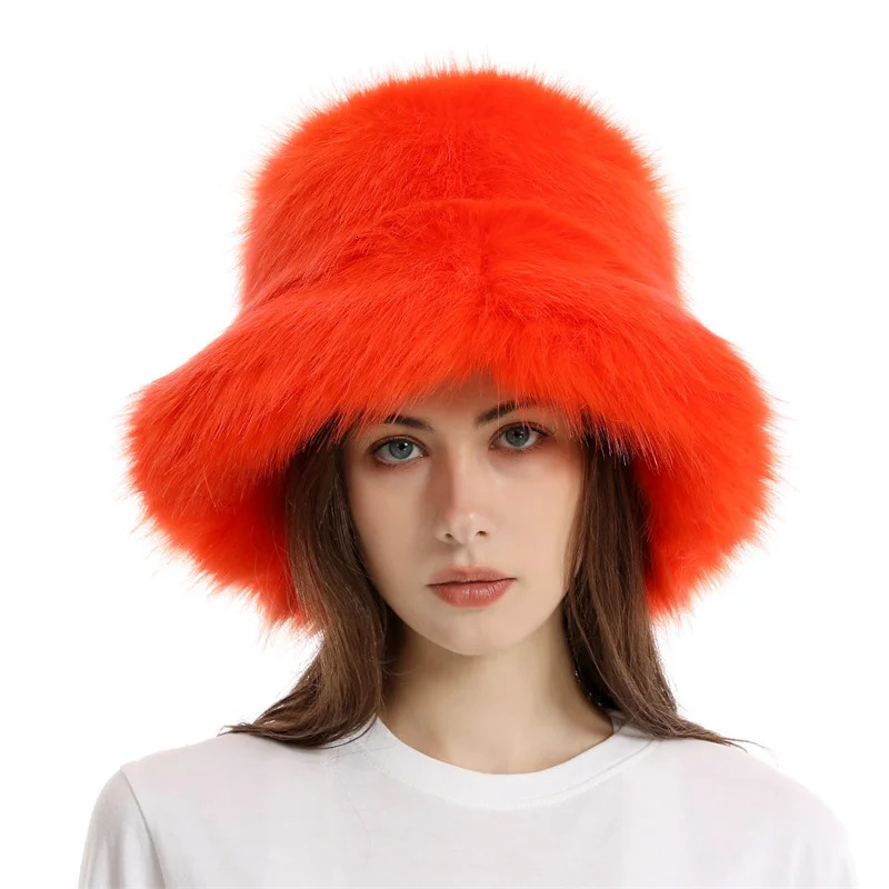 Warm plush bucket hat for women oversized earrings fluffy faux fur hat fashionable fur raccoon fur hat solid color hat 241205