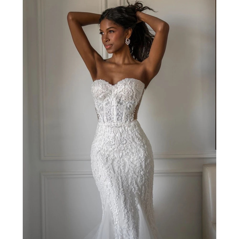 Classic Mermaid Wedding Dresses Appliques Strapless Bride Gowns Sleeveless Backless Button Customize Bridal Dress Sweep Train Vestido De Novia 0218