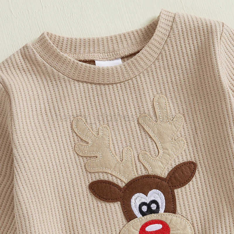 Baby Boy 2Pcs Christmas Outfits Long Sleeve Reindeer Embroidery Ribbed Sweatshirt and Pocket Drstring Pants Set Winter ClothesXJ241205
