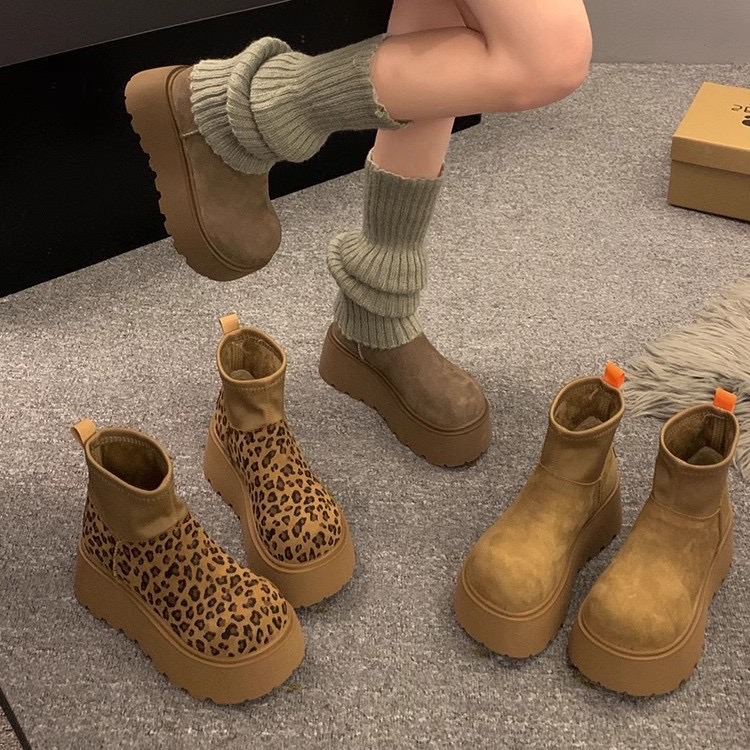 Platform Ankle Snow Boots Women Suede Cotton Shoes High Heels Winter Plush Warm Trend Casual Goth Botas