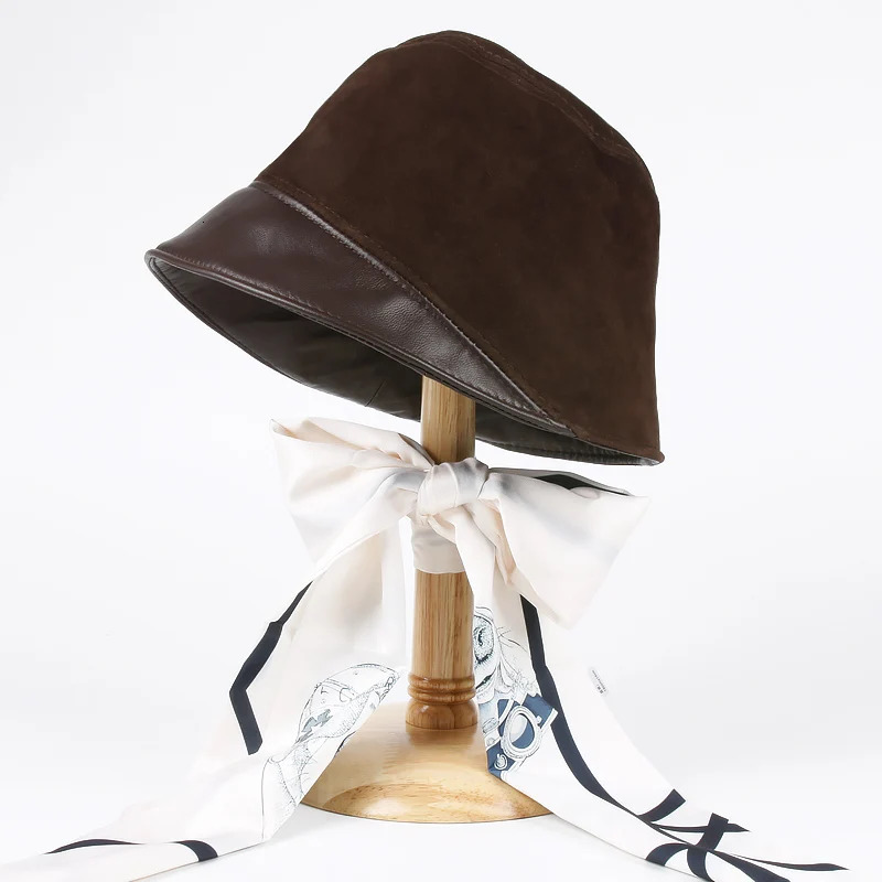 Japanese Harajuku Basin Hat Womens Genuine Leather Suede Splicing Fishermans Hat Fashion Winter Street Clothing Unique Hat 241205