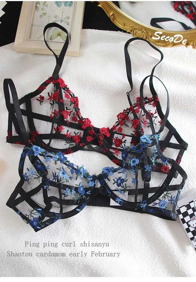Super beautiful floral embroidery lingerie sweet sexy mesh bra set s girl pure desire underwear femaleXJ241205