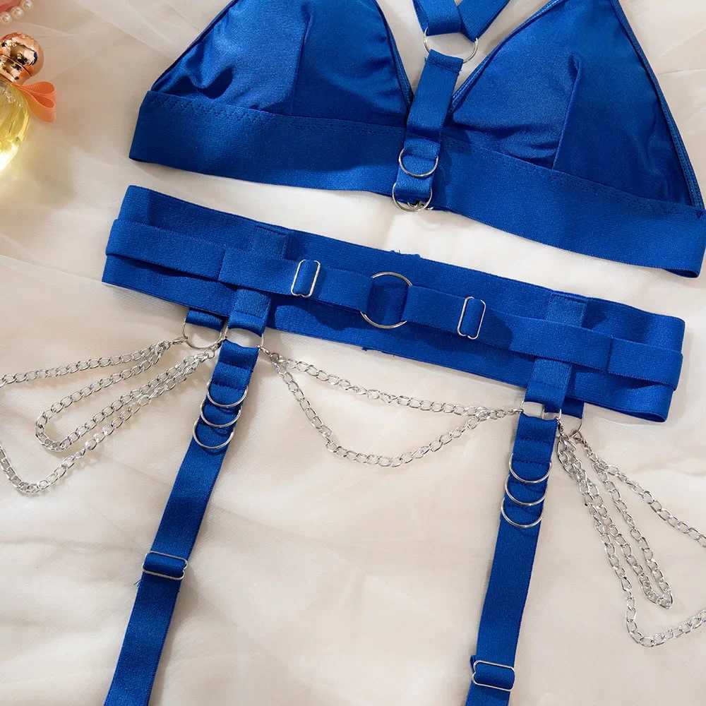 3 Piece Sexy Body Harness Belt Lingeries Sets Exotic Hollow Out Metal Chain Garter Belt Latex Underwear Outfit Bra And Panty SetXJ241205