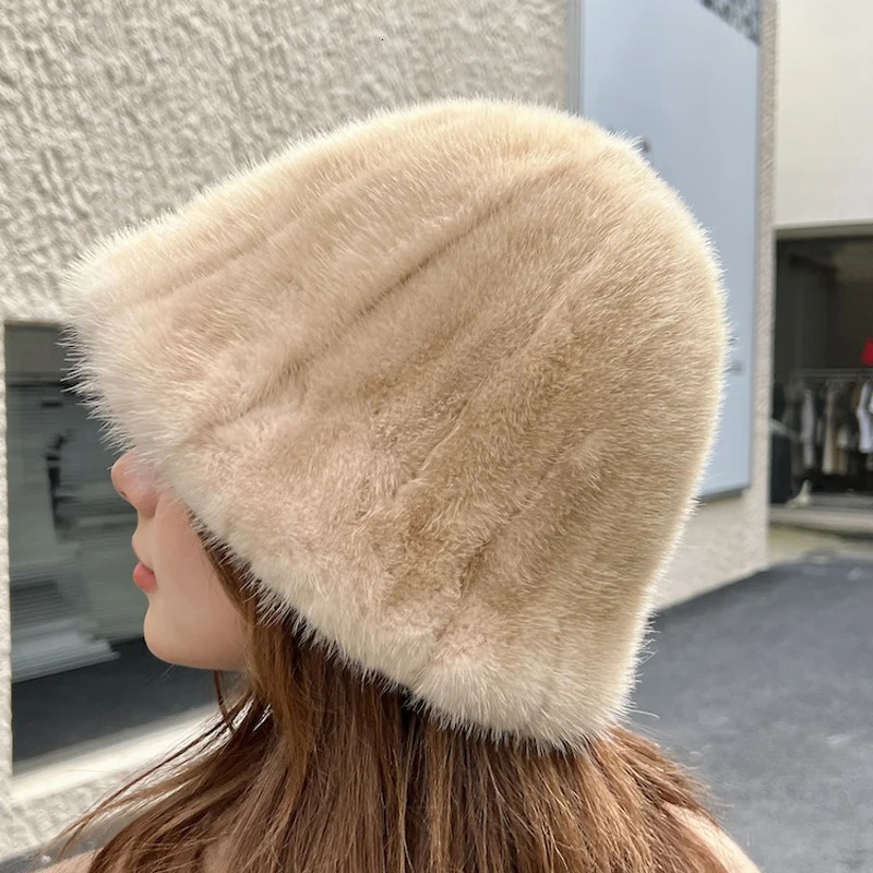 Winter Womens 100% Genuine Mink Bucket Hat Natural Warm Mink Hat Womens Outdoor Fashion Genuine Mink Hat 241205
