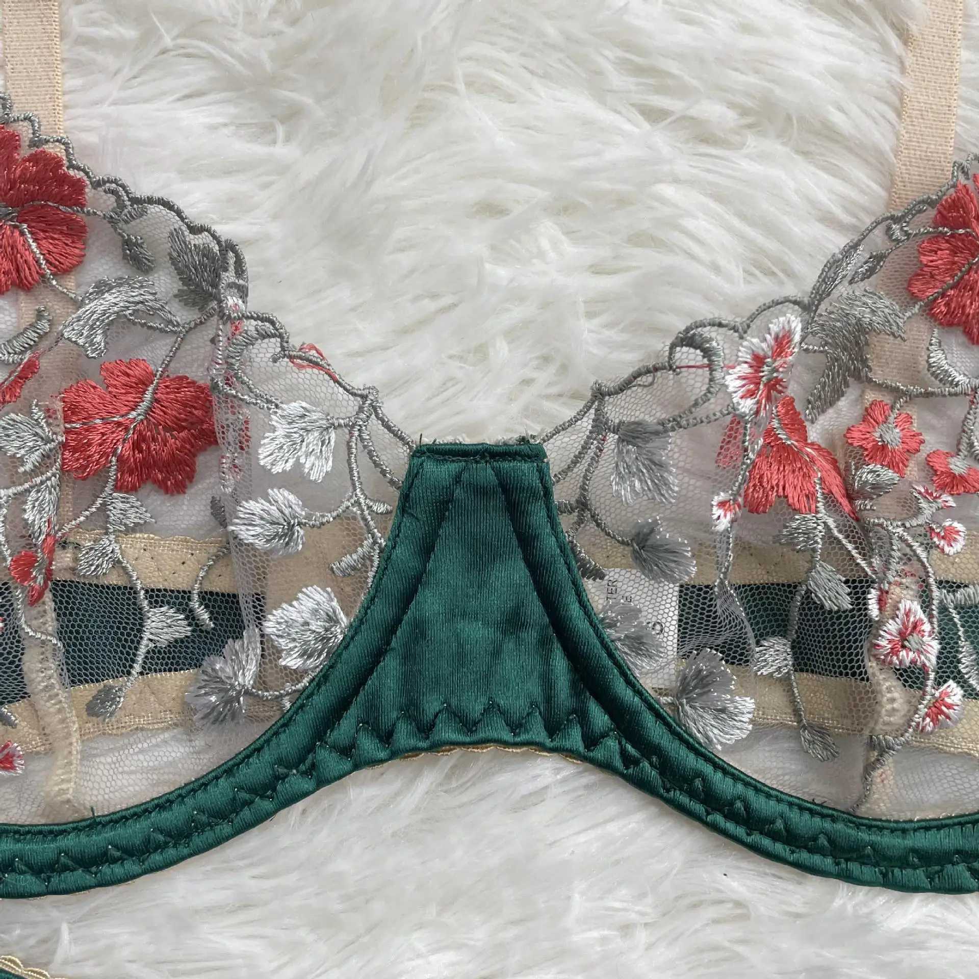Sexy Lingerie Set Women Green Floral Embroidery Transparent Erotics Bra + Thong Panty Perspective Underwear Two-piece SetsXJ241205