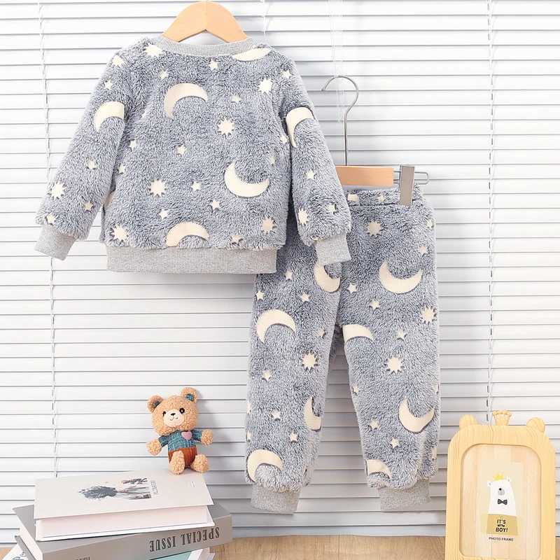 Pajamas Baby Boys Autumn/Winter Plush Night Fluorescent Home Fur Warm Pajama Set Fashionable and Comfortable Child Accessories H241205W80T