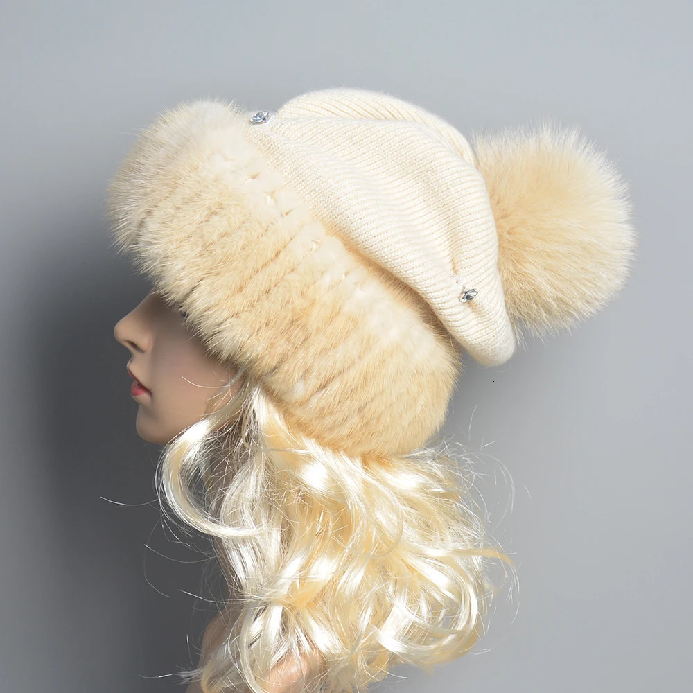 High quality womens winter knitted wool Berend patch work real mink hat natural fox fur Pom Beanie womens fashion 241205