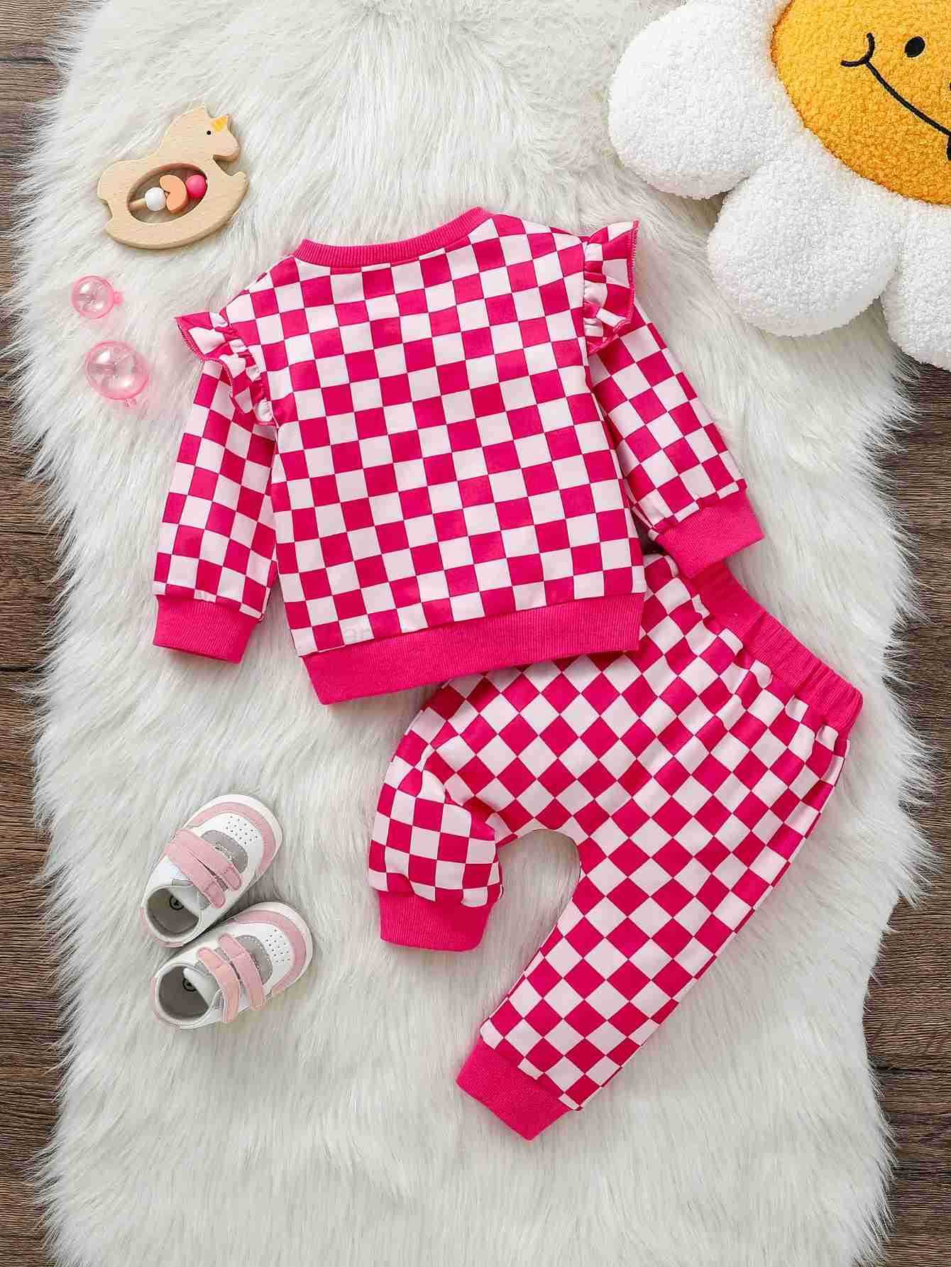 2Pcs Baby Girls Pink Long Sleeve Plaid Sweatshirt +Pants For Fall/Winter Casual Clothing SetXJ241205