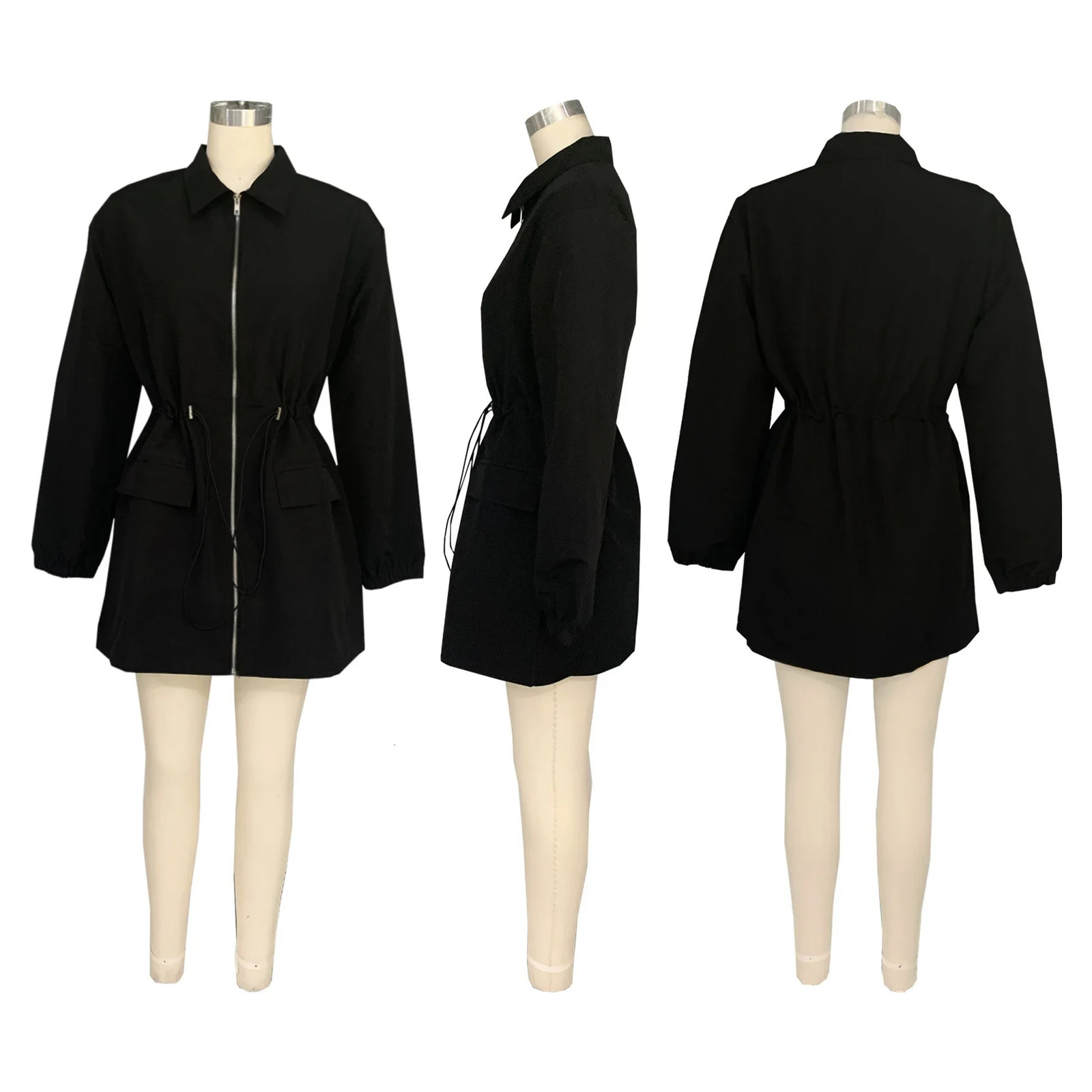 Elegant Womens Short Dress Long Sleeve Zipper Pockets Drawstring Plain Loose Dress Fall Winter Casual Cargo Dress for Women 241204