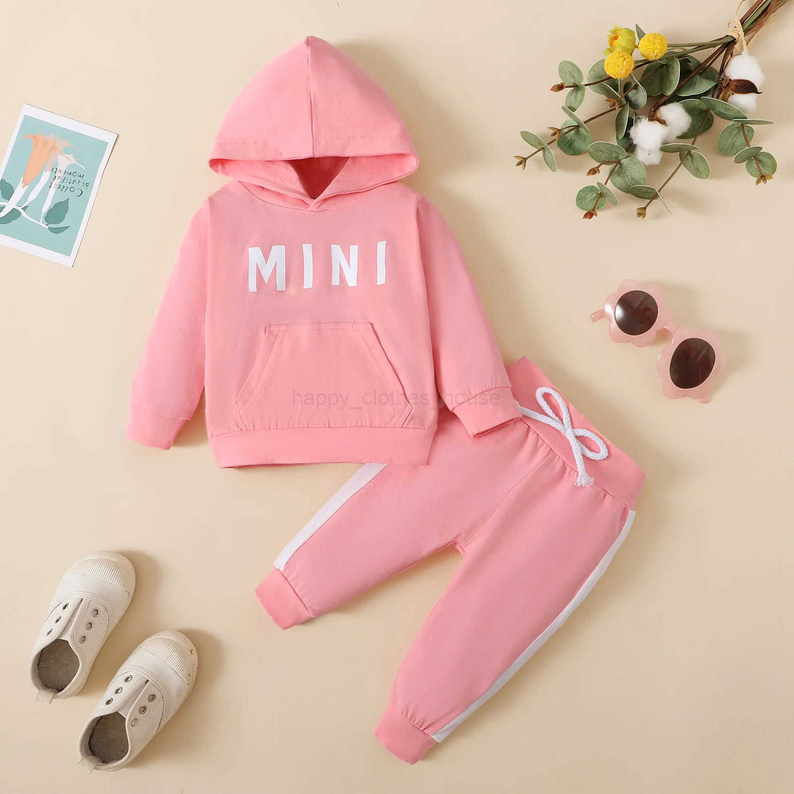 0-2 Year Old Newborn Baby Girls Spring and Autumn Hooded Letter Printed Long Sleeve Pants Fashion SetXJ241205