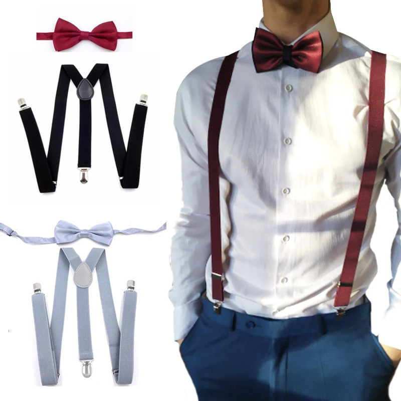 Suspenders with Bowtie Fashion Men Bow Tie Set Mens Braces Adjustable Pants Wedding Ties Accessories 241122