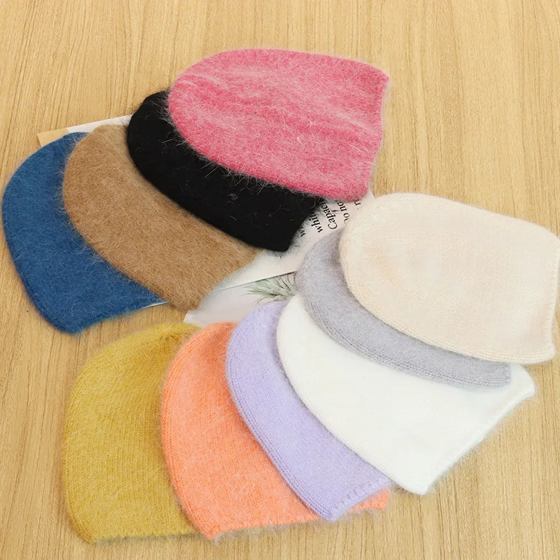 OMEA Angora Rabbit Skin Winter Hat Womens Solid Hair Warm Knitted Girls Hat Hat Korean Blurred Pink Soft Bean 241205