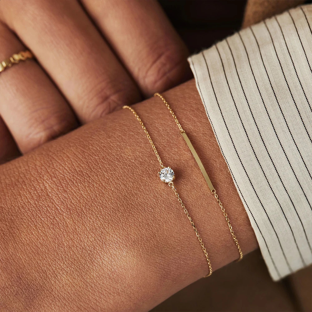 Aide 925 Sterling Silver Single Round White Zircon Chain Bracelets For Women 18K Gold Plated Simple Bracelet Temperament Jewelry 241122