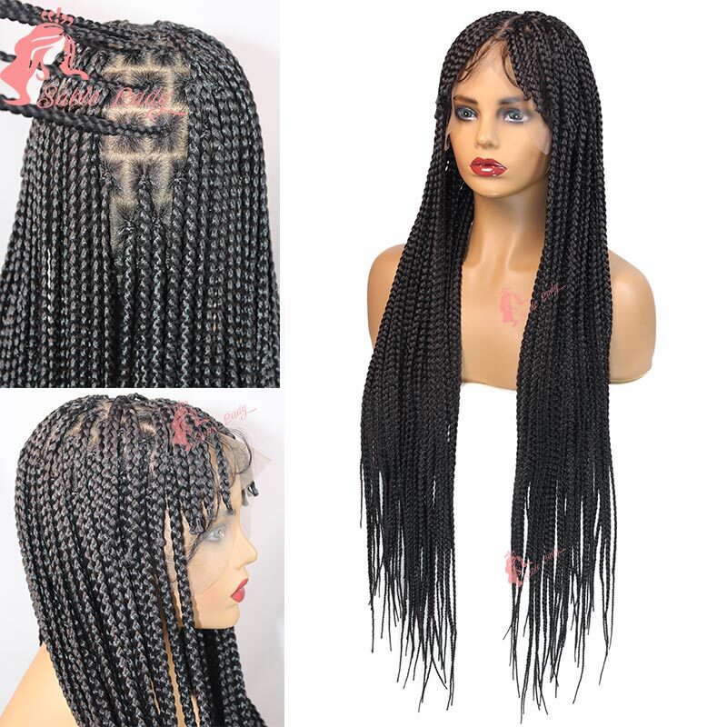 Synthetic Full Box Braided With Bangs For Black Women Lace Front Twisted Knotless Crochet Cornrow Braid Wig