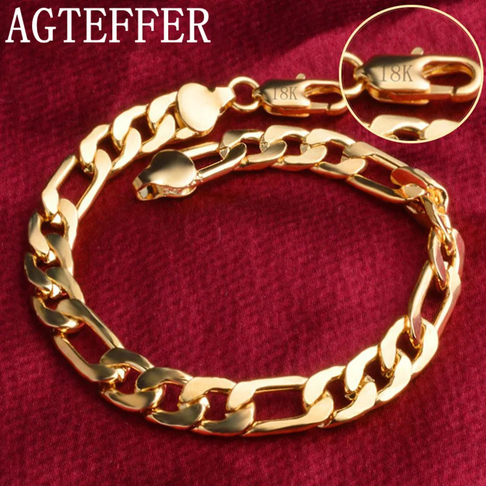 AGTEFFER 8 Inch Silver Color 8MM GoldSilver Full Side Figaro Chain Bracelet For Woman Man Fashion Wedding Jewelry Gift 241122