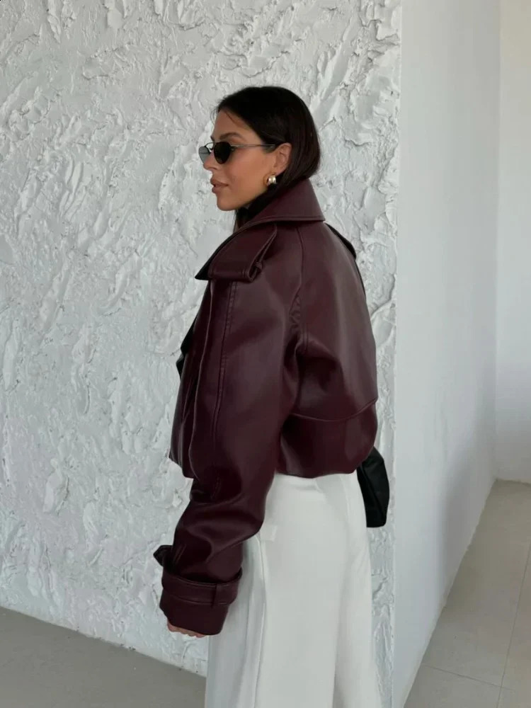 Womens Red Pu Leather Burgundy Solid Collar Cropped Jacket Womens Pocket Long Sleeve Short Coat Womens Autumn Street Clothing 241205