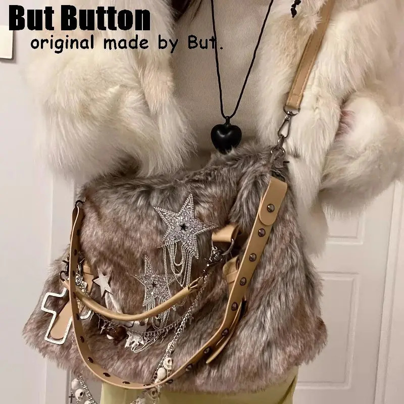 Gothic Lolita Y2K Punk Womens Harajuku Y2K Girls High Capacity Computer Bag Fur Underwear Shining Shoulder Bag Handbag 241205