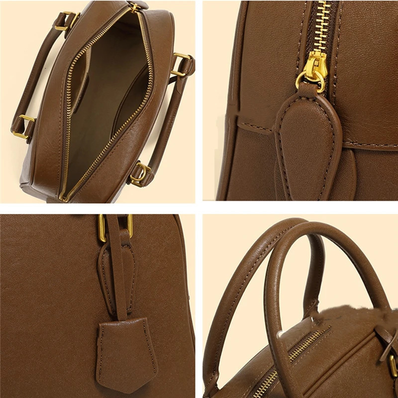 Hifashion Vintage Genuine Leather Bowling Tote Handbags For Women 2025 Trend ner Shell Work Ladies Shoulder Crossbody Bags 241204