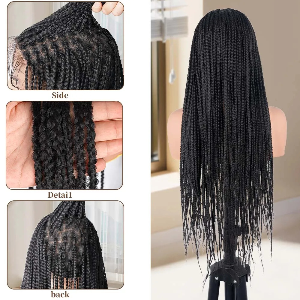 34Inch Front Braided Wigs For Black Women Knotless Braid Full Double Lace Micro Box Braids Wig Pre Plucked