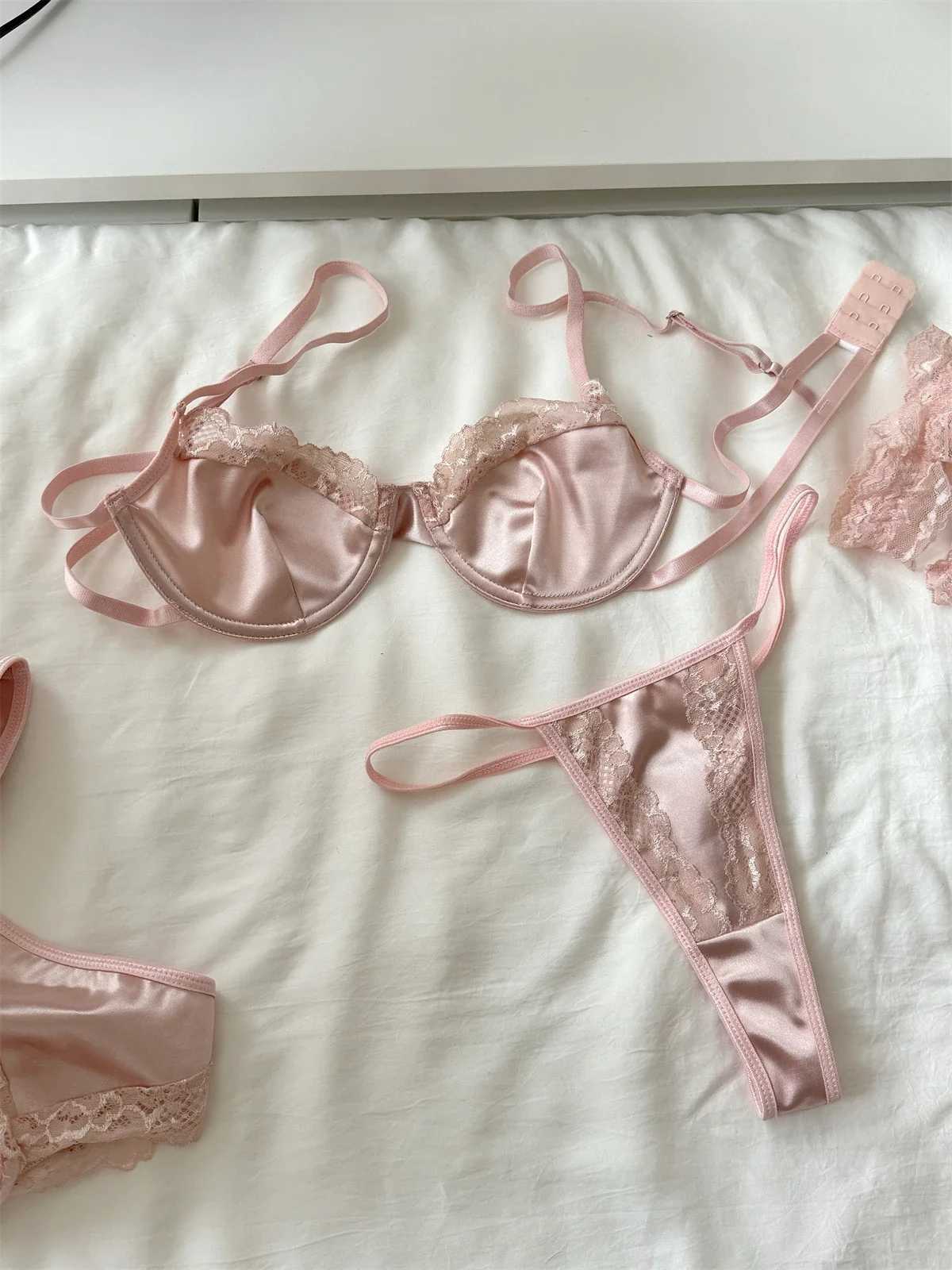 Satin mesh lingerie ultra-thin women large breast underwear sexy lace adjustment bra set pink female braletteXJ241205