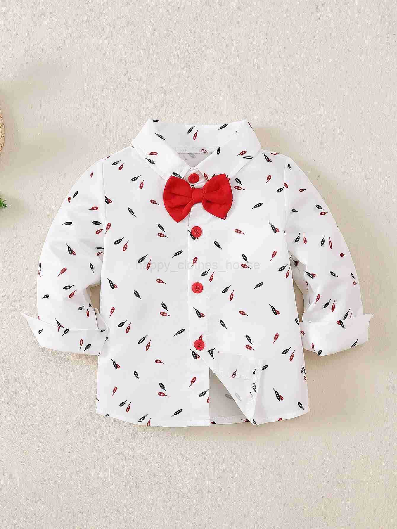 Baby Boy Gentlemans Dress College Sle Two-piece Set Small Feather Print Long-sleeved shirt + Strap trousers Little GentlemaXJ241205