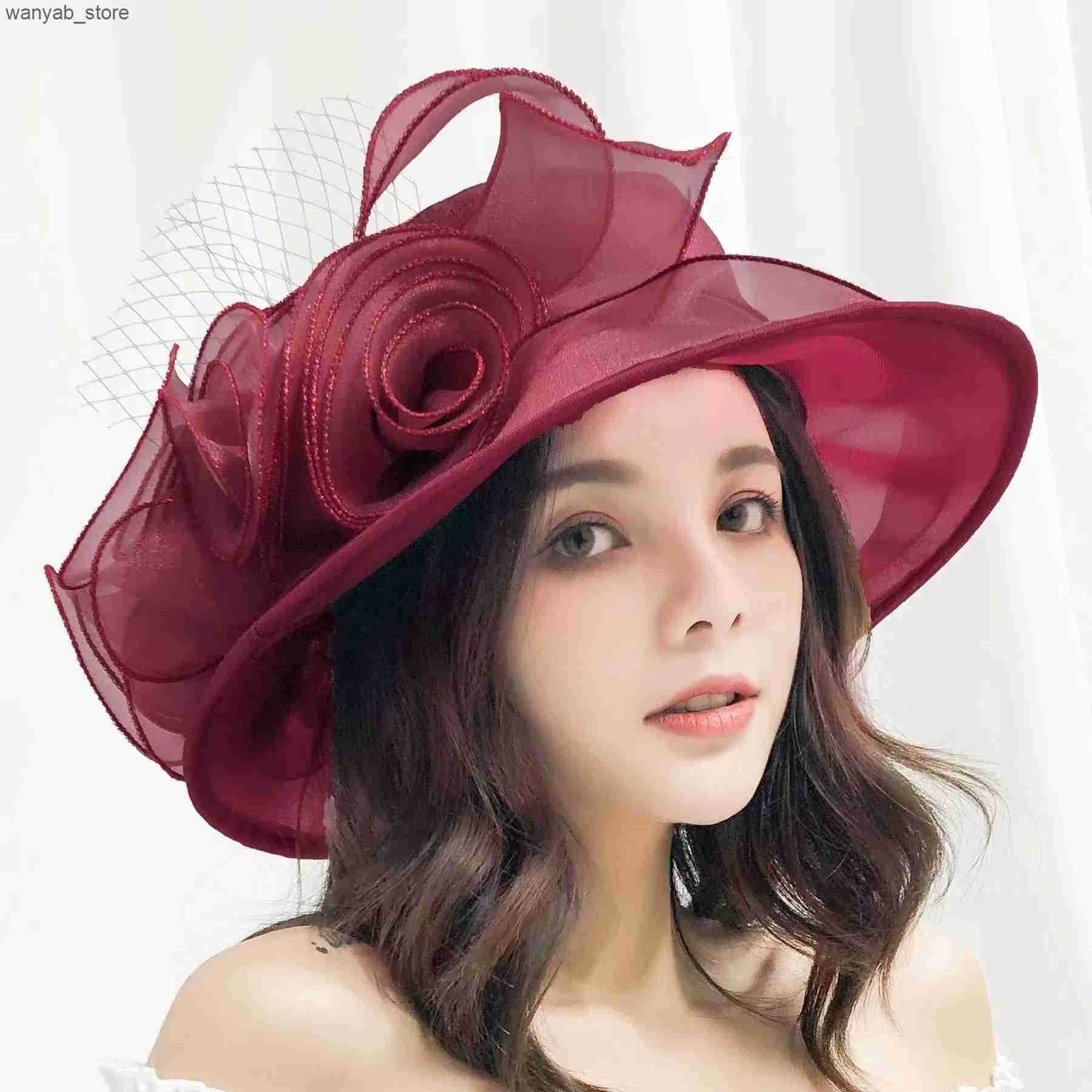 Cloches 1 Elegant Flower Womens Hat Summer Organic Wide Brim Sunscreen Kentuckide Hat Womens Church Wedding Beach Sun Hat L240910