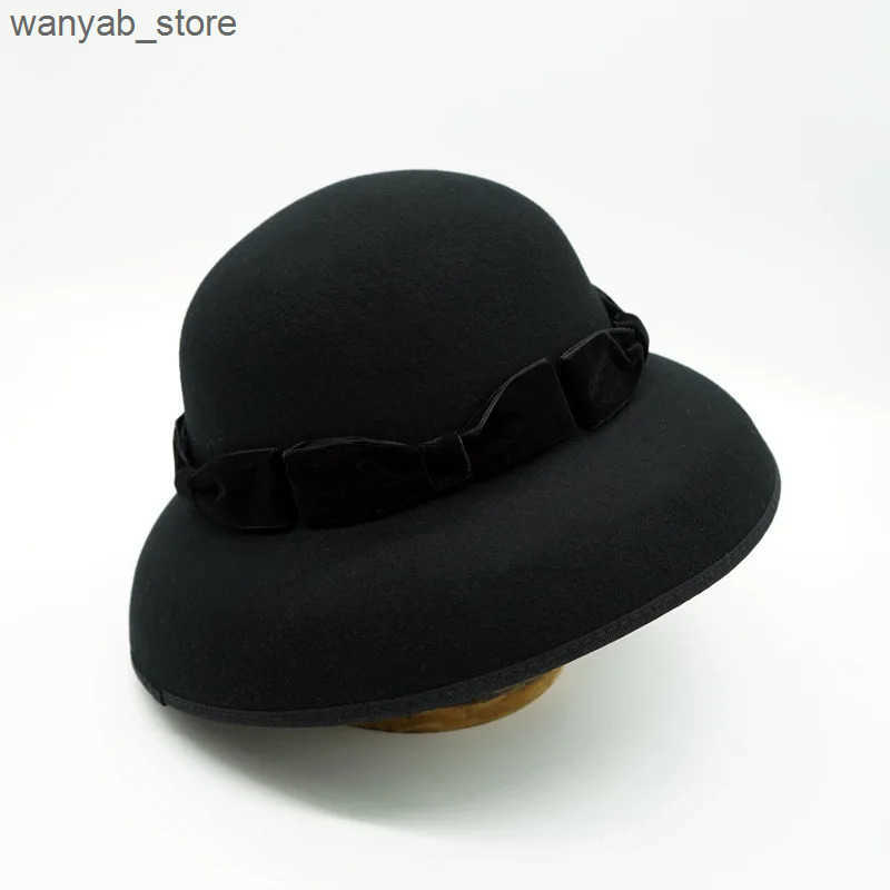 Cloches Elegant Womens Fedora Hat% Wool Bow Winter Hat Womens Cloche Bowler Hat Cocktail Wedding Dress Church Charming Hat L240910