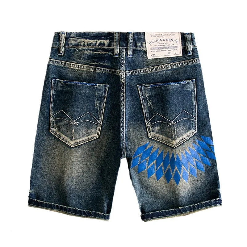 Summer Vintage Fashion Men Jeans Retro Washed Blue Stretch Slim Fit Ripped Short Jeans Printed Hip Hop Denim Shorts Men 241205