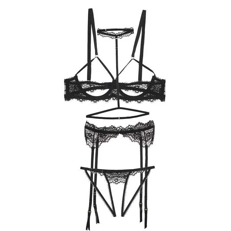 Sexy lingerie lace bra hollow steel support four-piece underwear set hanging neck garter belt open pantiesXJ241205