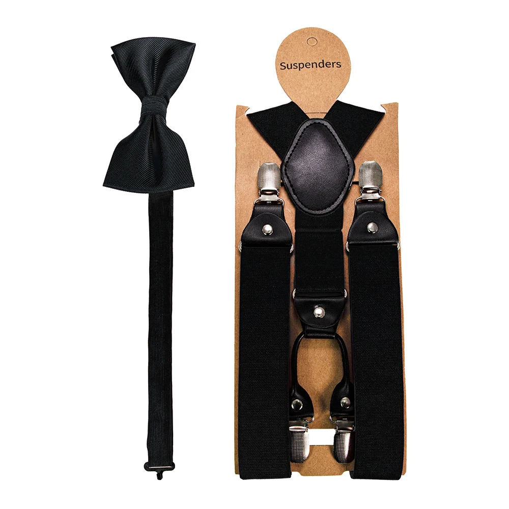 Fashion Suspenders Men Elastic Band Bowtie Set Leather 6 Clips Brace Male Vintage Casual Wedding Party Husbands Gift 241122