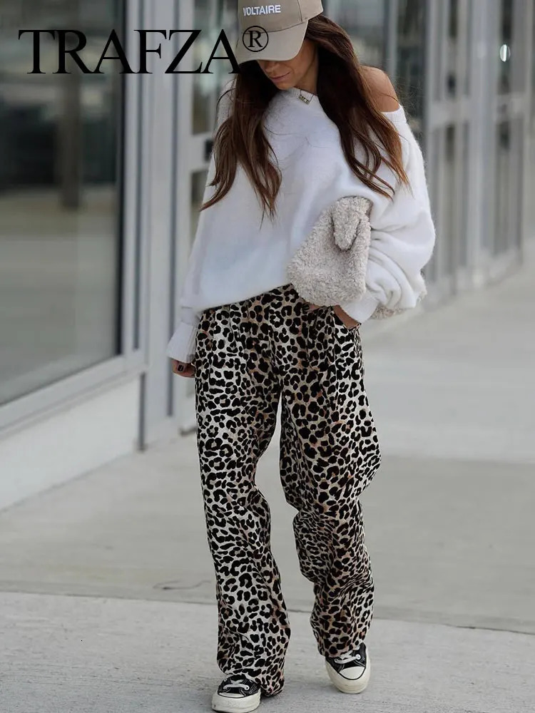 TRAFZA 2024 Women Vintage Y2k Pants High Waist Leopard Print Straight Pant Casual Fashion Spring Womens Chic Trousers Y2K TRAF 241204