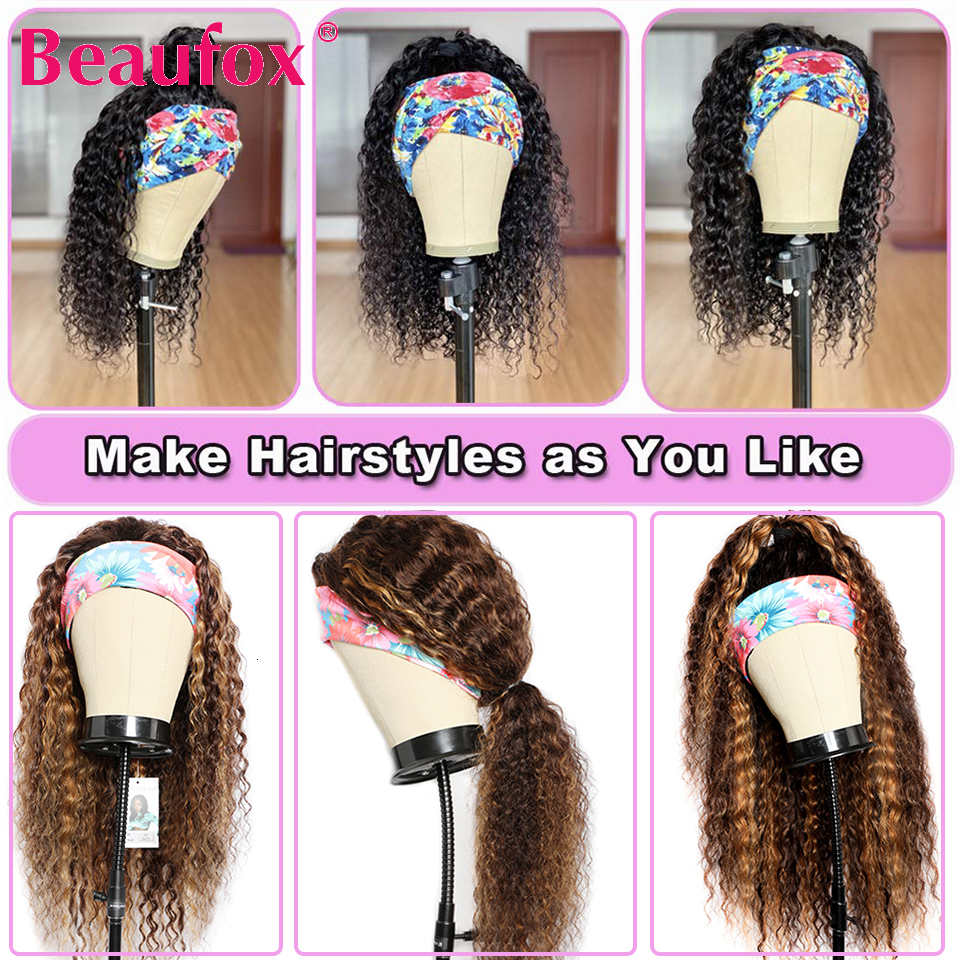 Beaufox Water Wave Headband Wigs For Black Women Brazilian Scarf Hine Made Highlight Curly Human Hair Wig