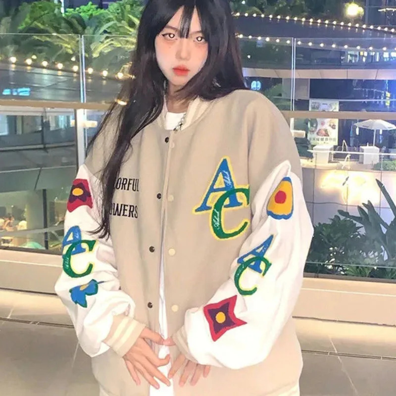 American Retro Jacket Women Embroidered Hip Hop Letter Loose Long Sleeve Patchwork Baseball Uniform Lady Winter Warm Outerwear 241205