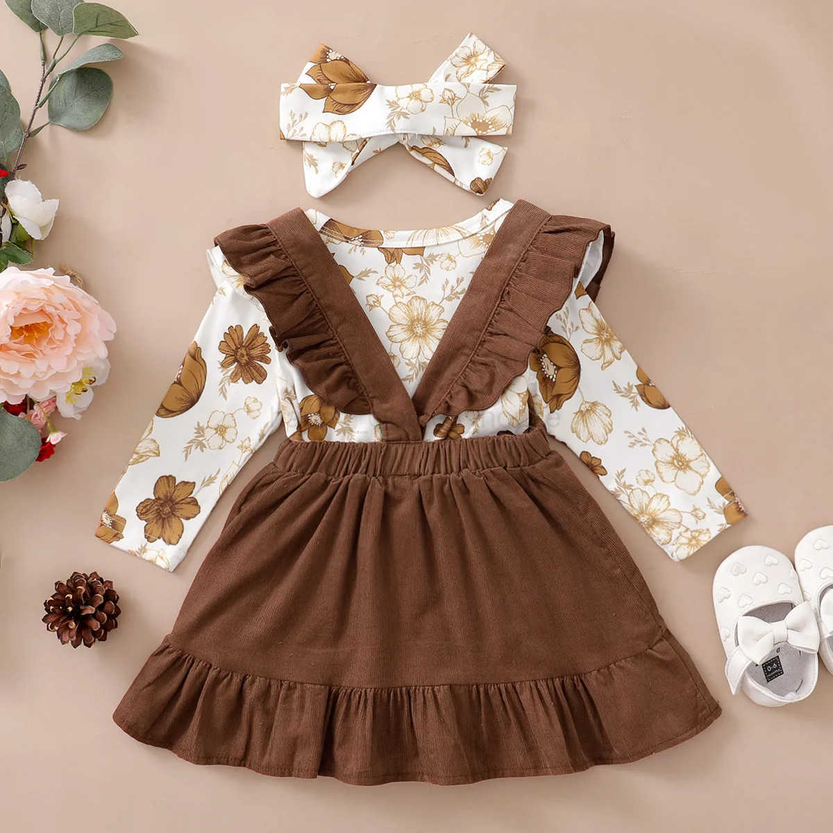 0-12 Months Newborn Baby Girl Set Beautiful Camellia Top+Suspender Skirt+Headband 3pcs Baby Girl Spring and Autumn Fashion SetXJ241205