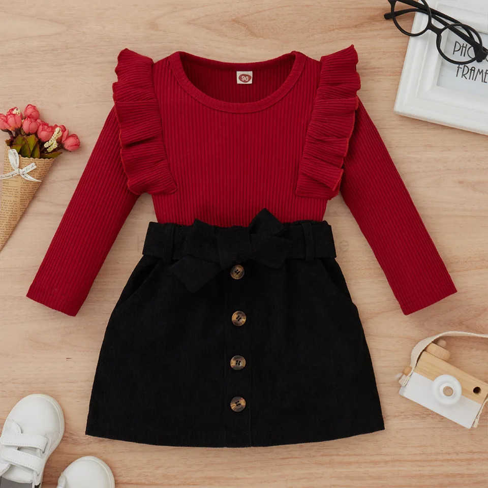 LAPA Cute Fashion Girls Skirt Suit Two-piece Set Baby Girls Solid Ruffle Long Sleeve Top+Corduroy Skirt Autumn New Kids SuitXJ241205