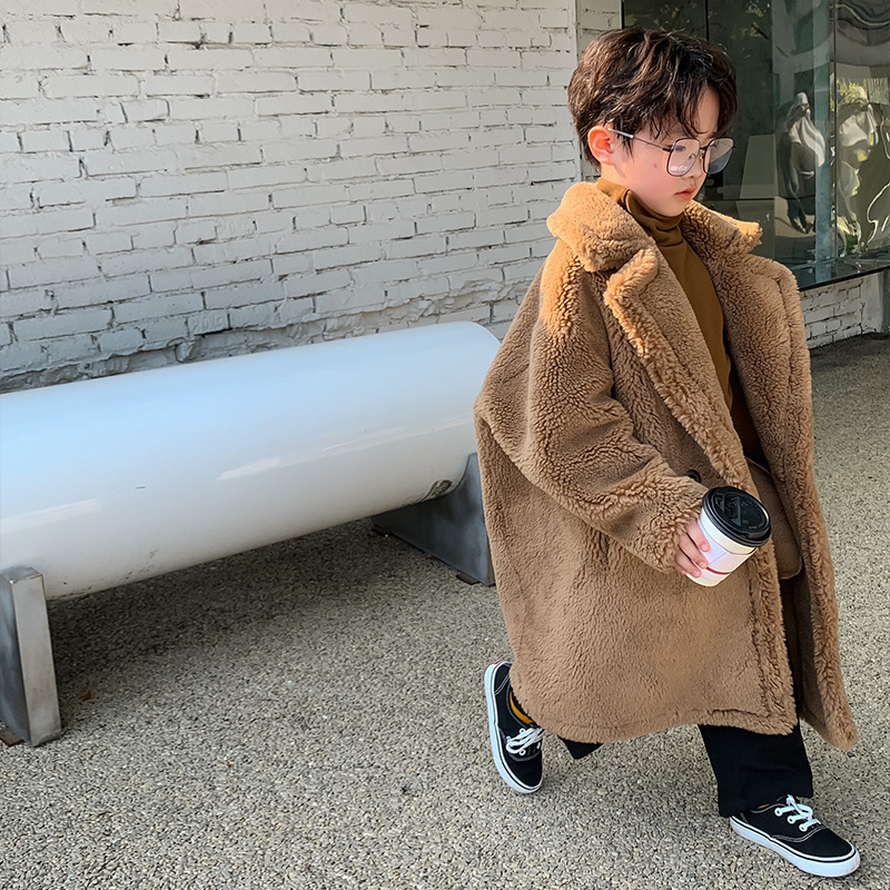 Children's New Teddy Girls' Winter Outfit, Lamb Fur Coat, Thickened Baby Boys' Silhouette Long Coat