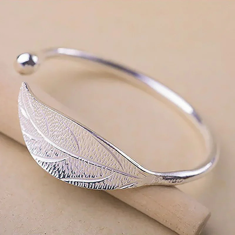 Fashion 925 Sterling Silver Woman Cuff Bracelet Open Leaf Shaped Adjustable Charm Bangle Girls Party Jewelry Christmas Gifts 241122