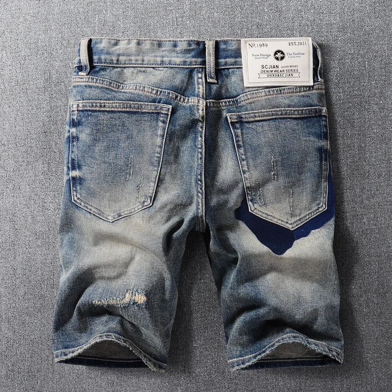 Summer Fashion Men Jeans Retro Blue Washed Elastic Patched Vintage Ripped Short Jeans Homme Hip Hop Denim Shorts Men 241205