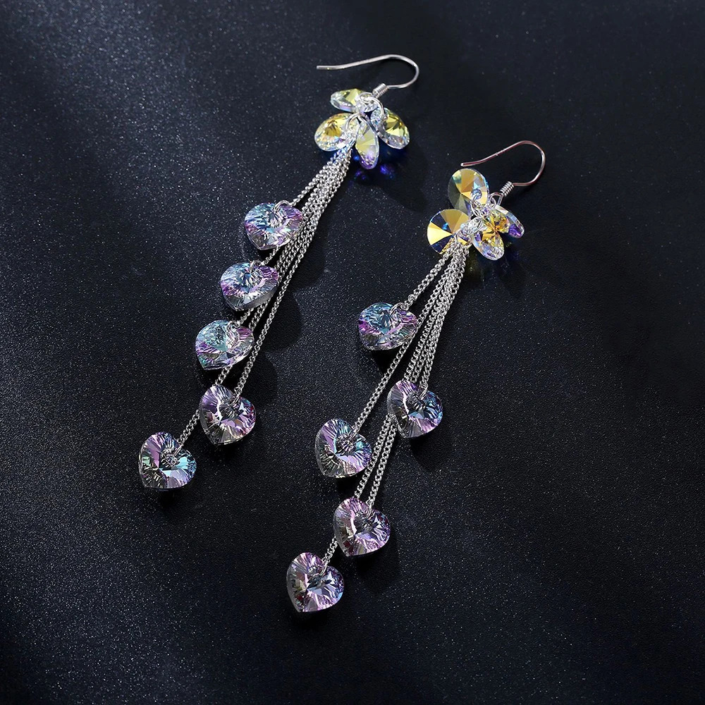 Long tassel earrings heart-shaped pendant crystal from Austria silver colorful beads womens party Christmas jewelry 241205