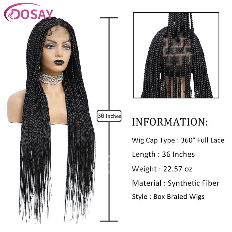 36" Full Synthetic Braids Lace Front Knotless Braided For Black Women Small Box Square Hair Wigs
