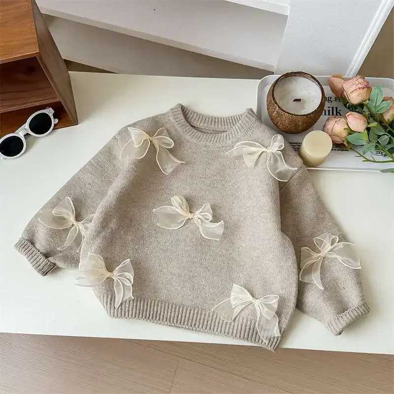 Korean Childrens Clothing Autumn New Girl Baby Solid Bow Sweater Winter Fashion Sweet Childrens Princess Knitted Sweater W241205