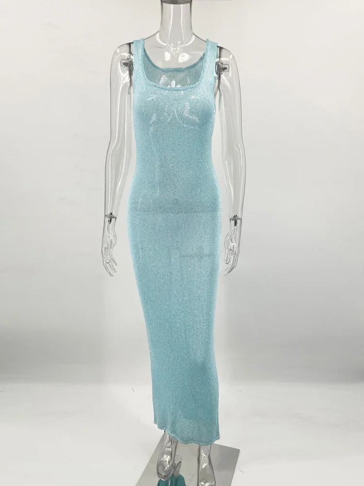 Tossy Sequin Slim Scoop Neck Maxi Dress Female Backless Glitter See-Through Sexy Patchwork Autumn Dress Womens Long Dress 2024 241204