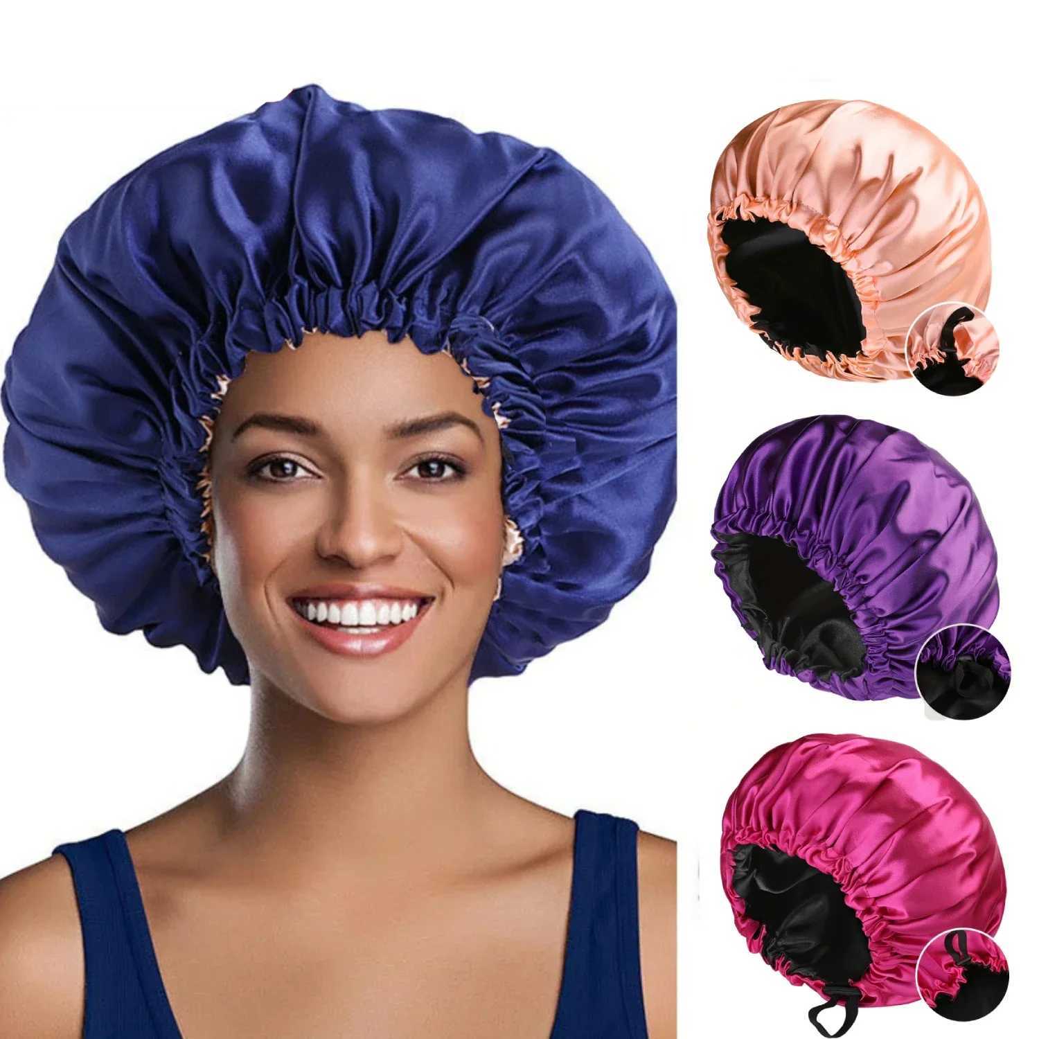 Fashionable Bonnet Solid Color Silky Satin Fabric Elastic Button Double Layer Sleep Hair Hat Womens Aily Home Casual Sleep HatXJ241205